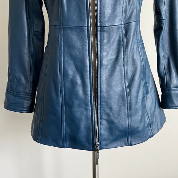Denim and Company d & co. Blue Leather Jacket Mock Neck Two Way Zip XXSP - Picture 4 of 15